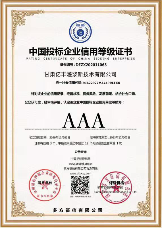 中国投标企业信用等级证书